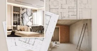 Колаж з зображенням кімнати де розпочатий ремонт, візуалізація інтер'єру, приміщення де йде ремонт але немає працівників