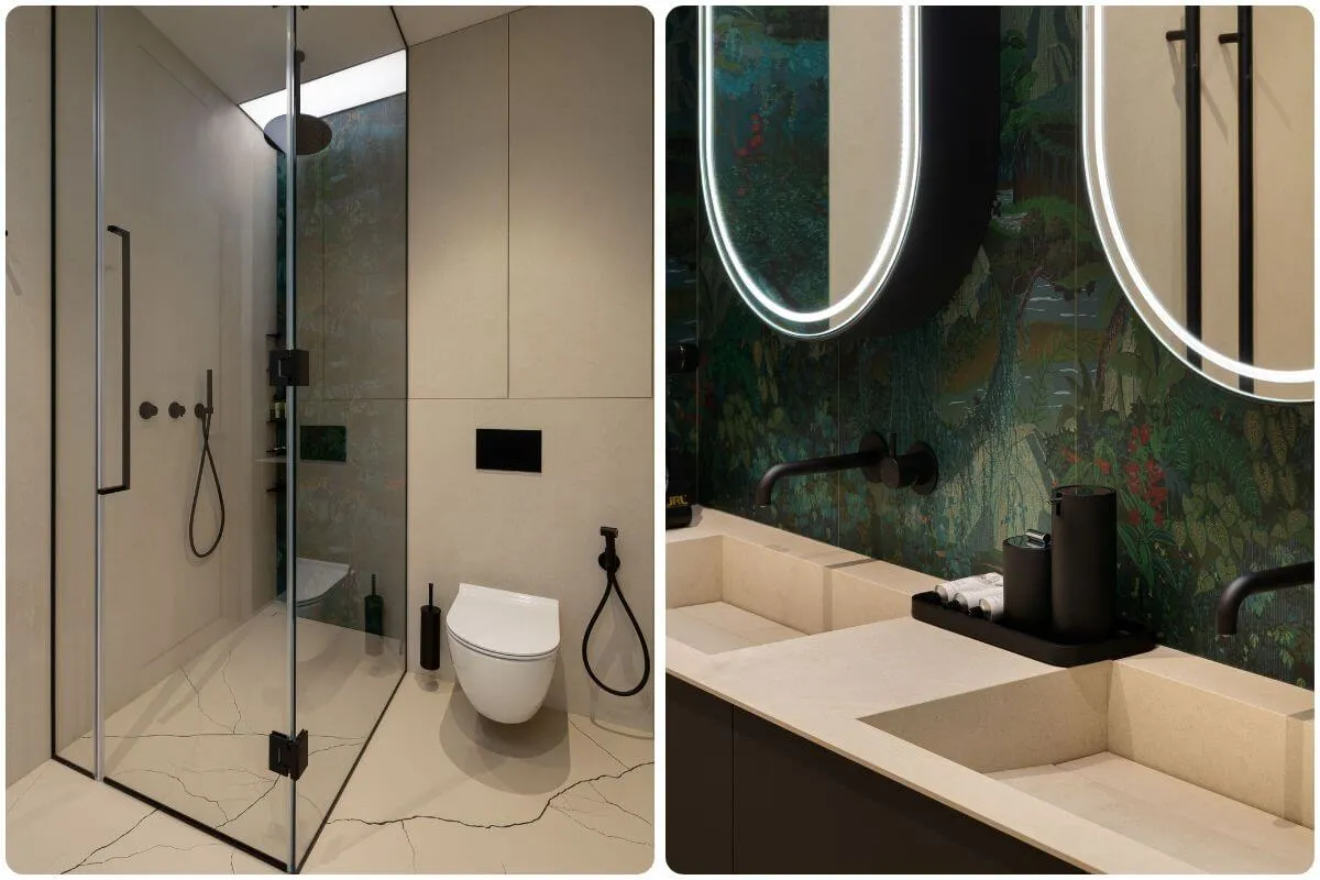 Інтер'єр майстер-санвузла: душова кабіна зі скляними дверима, тропічним душем і сантехнікою чорного кольору, підвісний унітаз та шафа над консоллю, керамограніт з рослинним малюнком, подвійна раковина на підвісній тумбі