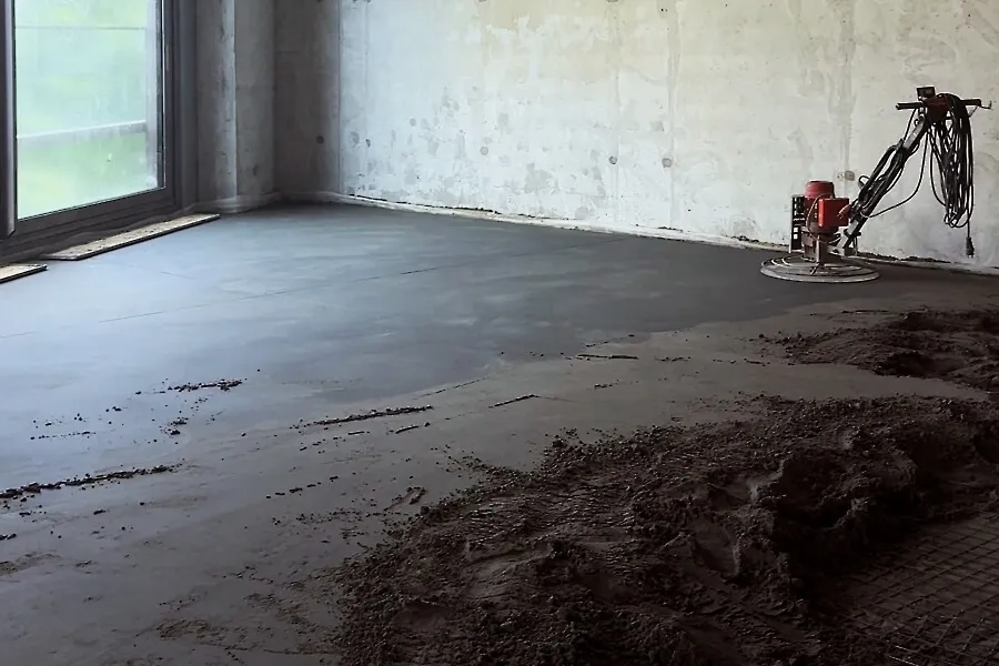 Червона затирочна машина в роботі над свіжою стяжкою підлоги