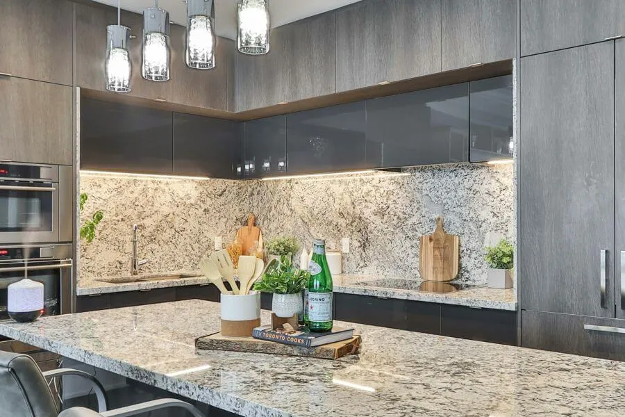 Інтер'єр кухні з фартухом і стільницями зі світлого граніту