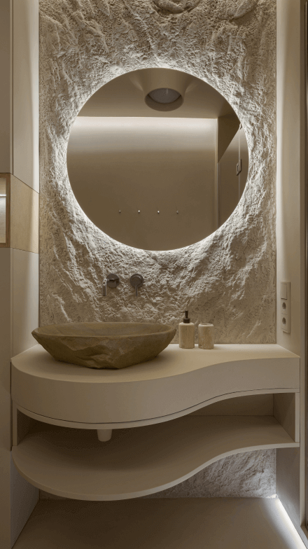 Санвузол, рель'єфна раковина з каменю на підвісній тумбі хвилястої форми, дзеркало з підсвіткою, декоративна штукатурка на стінах