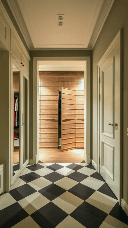 Коридор, біла-чорна плитка як шахматна дошка переходить у ламінат, декоративне оздоблення стін дерев'яними панелями