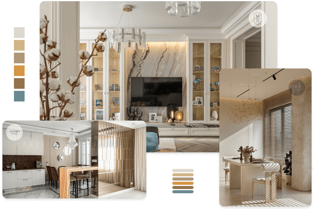 Колаж з трьох фотографій: кухня-вітальня зі столом з масиву та люстрою у класичному стилі