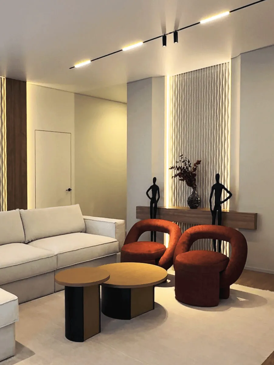 Куточок відпочинку з теракотовими кріслами та акцентним декором