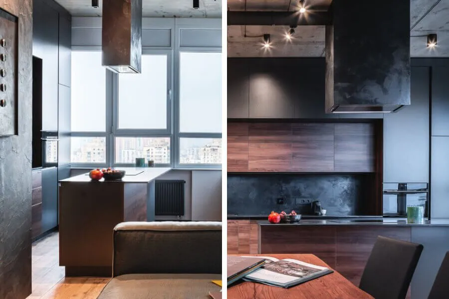 Лофт-кухня з островом без підвісних світильників — освітлення вирішене трековими спотами та природним світлом з вікна