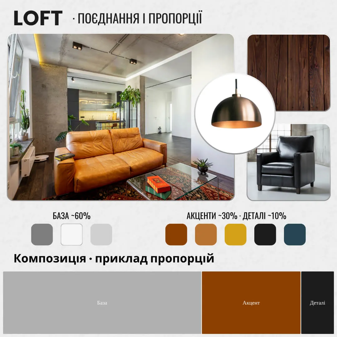 Loft Moodboard: композиція пропорцій кольорів за принципом 60-30-10 з холодними базовими і контрастними акцентними кольорами