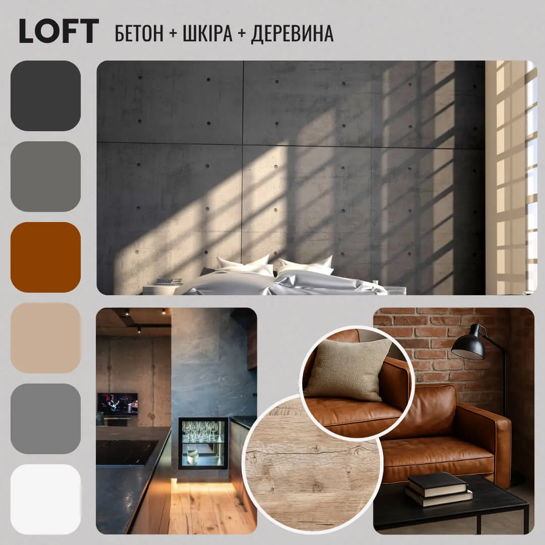 Loft Moodboard з композицією матеріалів: бетону, шкіри і деревини