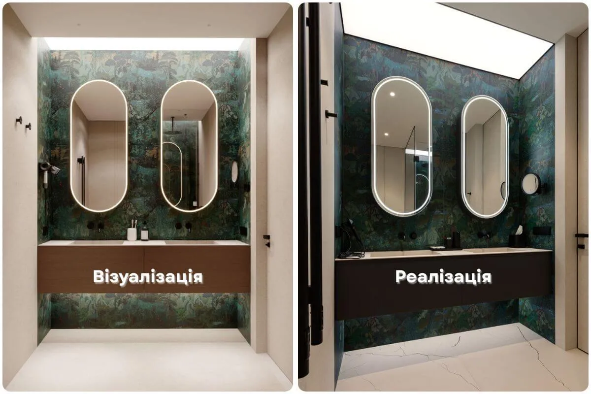 3D-візуалізація та фото реалізованого інтер’єру майстер-санвузла в ЖК Triiinity з керамогранітом серії Diana світловою панеллю на стелі та овальними дзеркалами
