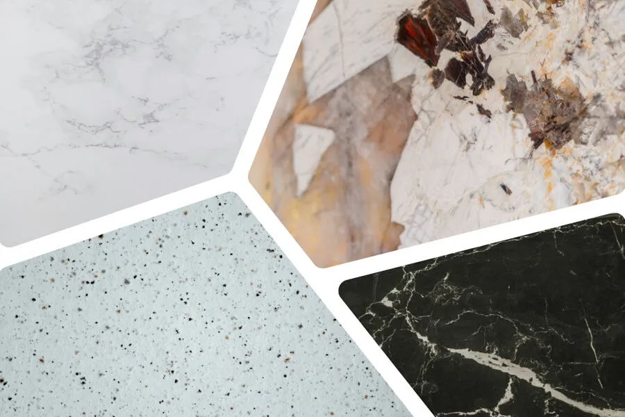 Матеріали для кухонної стільниці: білий мармур, натуральний кварцит, MDF, чорний граніт