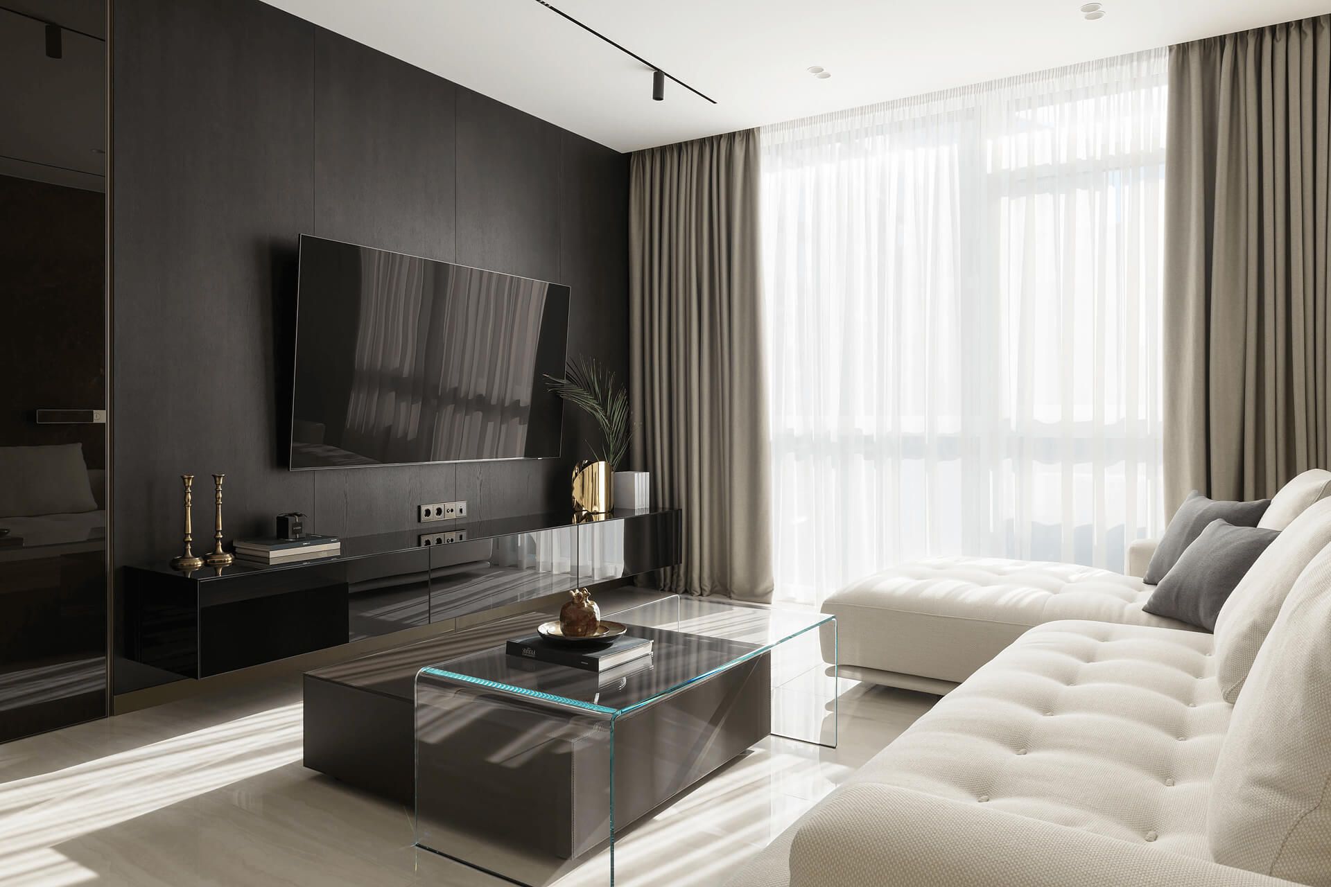 Інтер'єр вітальні з бежевим кутовим диваном, стіновими панелями з темного шпону, трековими світильниками, скляними дверими прихованого монтажу