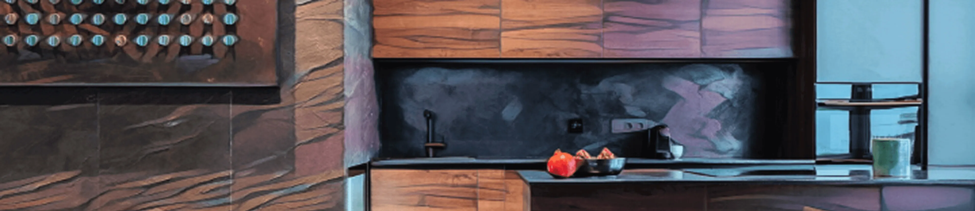 Дизайнерська кухня; художнє зображення; на столі гранат і фрукти