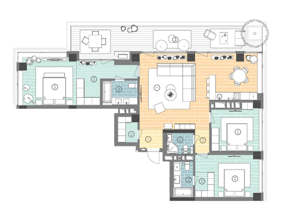 Планування 3-кімнатної 135 м2 квартири в ЖК UnitCity у Києві