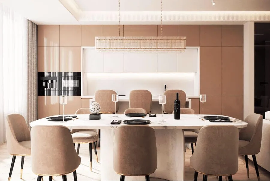 Візуалізація кухні-вітальні бежевими фасадами меблів, обіднім столом та кріслами, проєкт Дмитра Давидовського